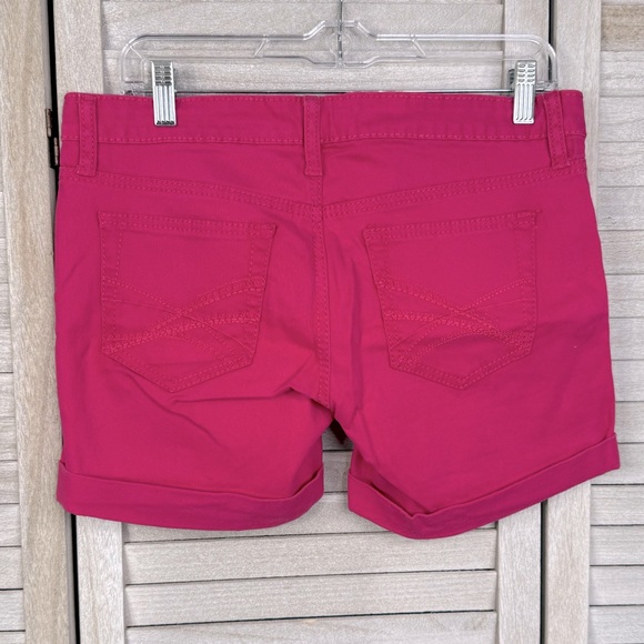 REIGN Hot Pink Distressed Stretchy Jean Shorts with Folded Hem & Rhinestones-9 - Picture 3 of 3
